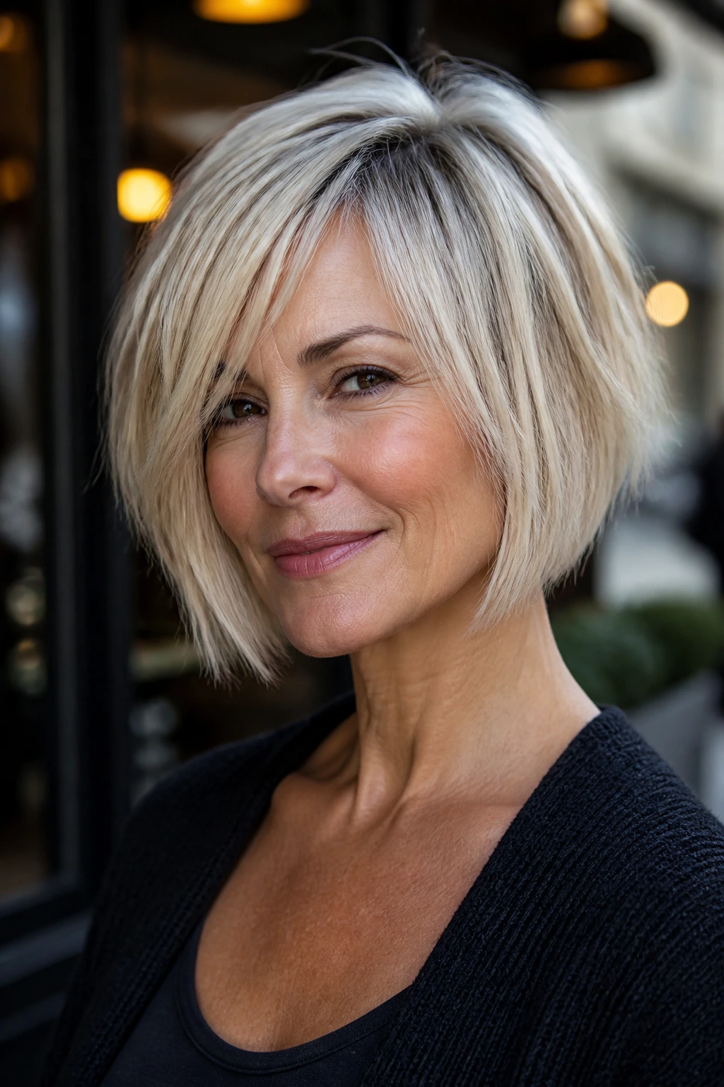 Real woman with piecey razor bob showing textured front and movement