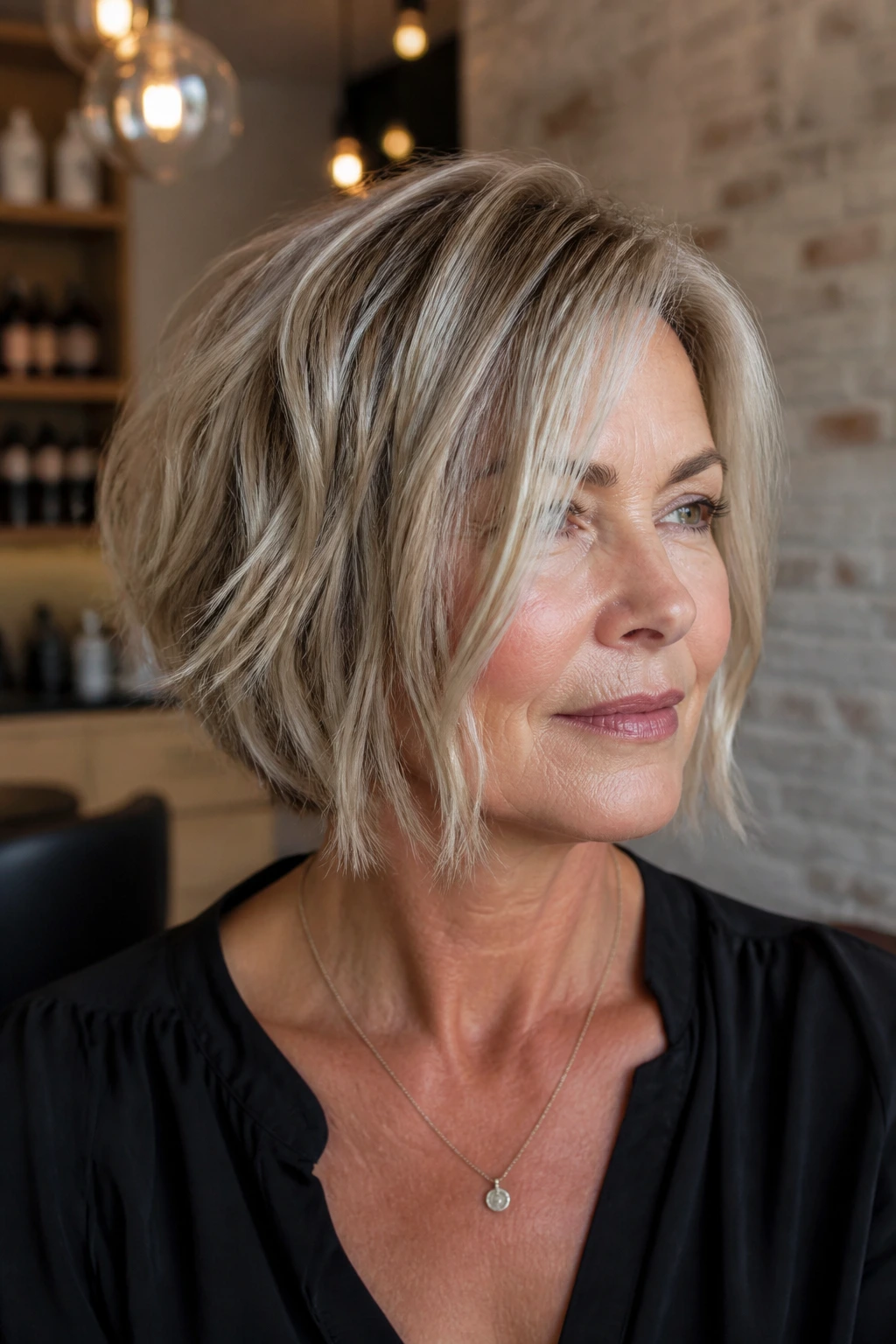 Close-up of a real woman with a piecey razor bob in a warm salon