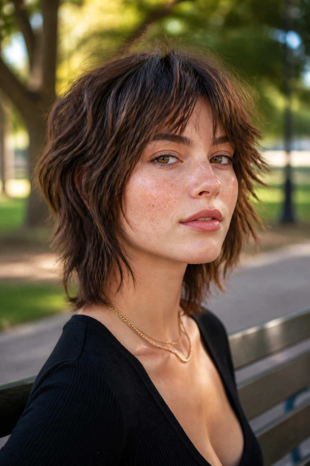 Close-up portrait of a real woman with piecey razor shag in a park