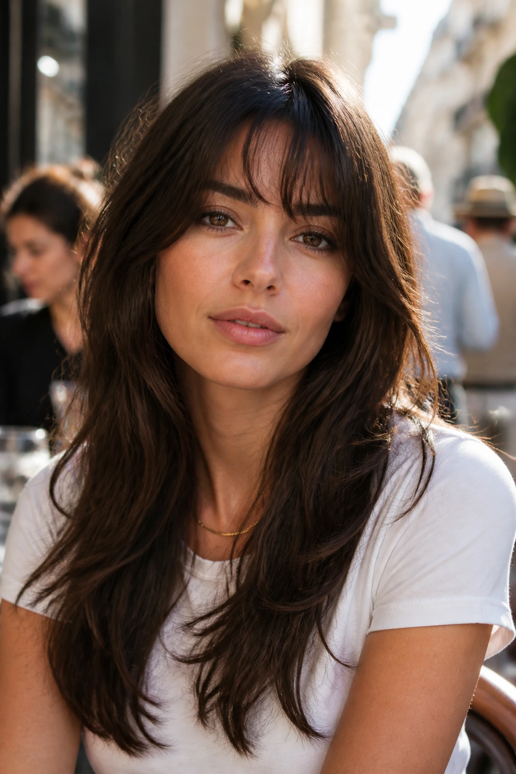 Portrait of a real woman with piecey razor-soft crescent bangs in outdoor cafe light