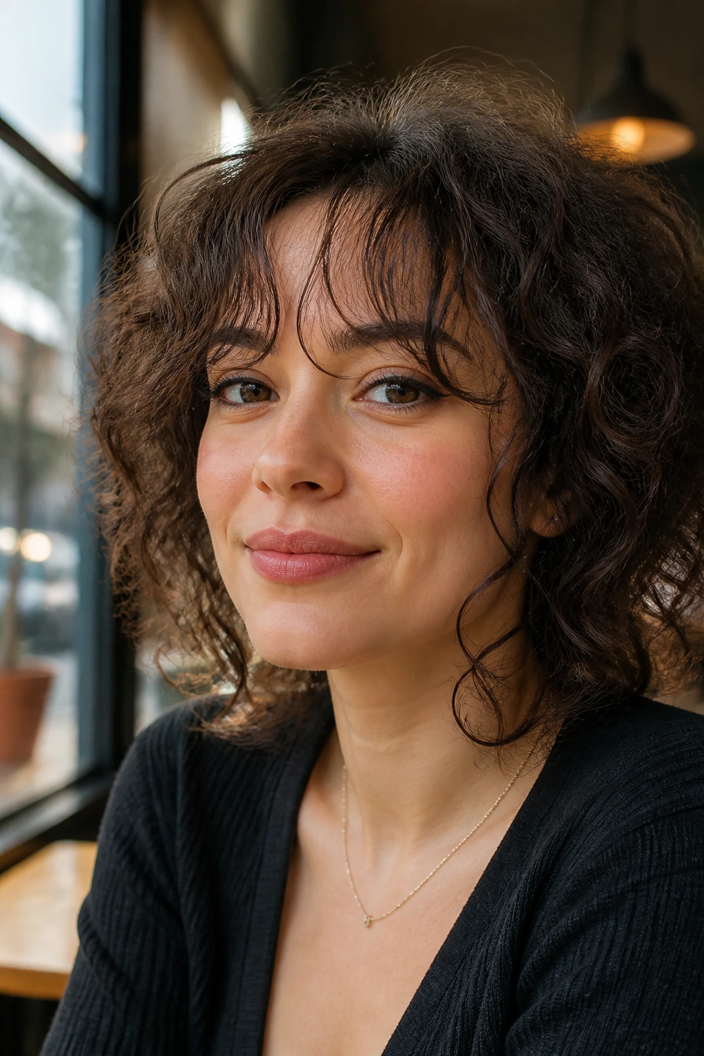 Medium close-up of a real woman with see-through bangs and curly hair in sunny cafe