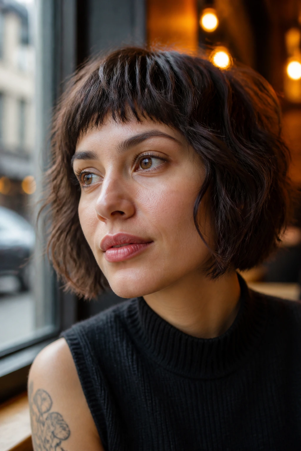 Portrait of woman with piecey shag bob fringe