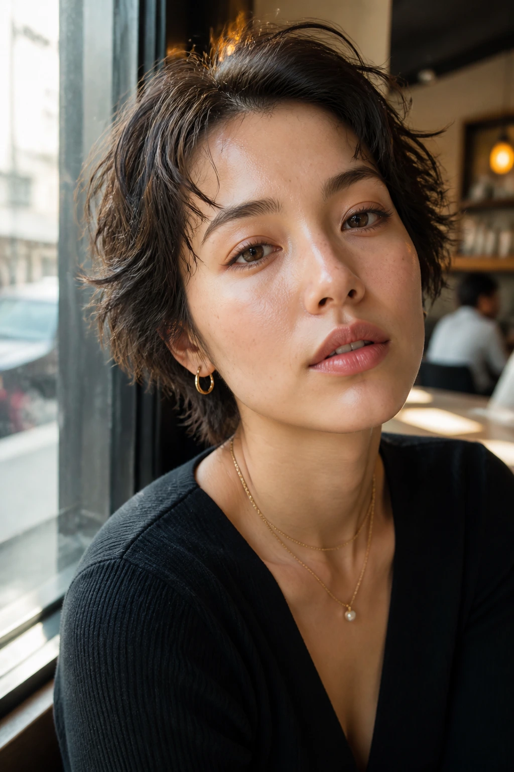 Close-up of a real woman with piecey shag crop showing textured, chopped ends.