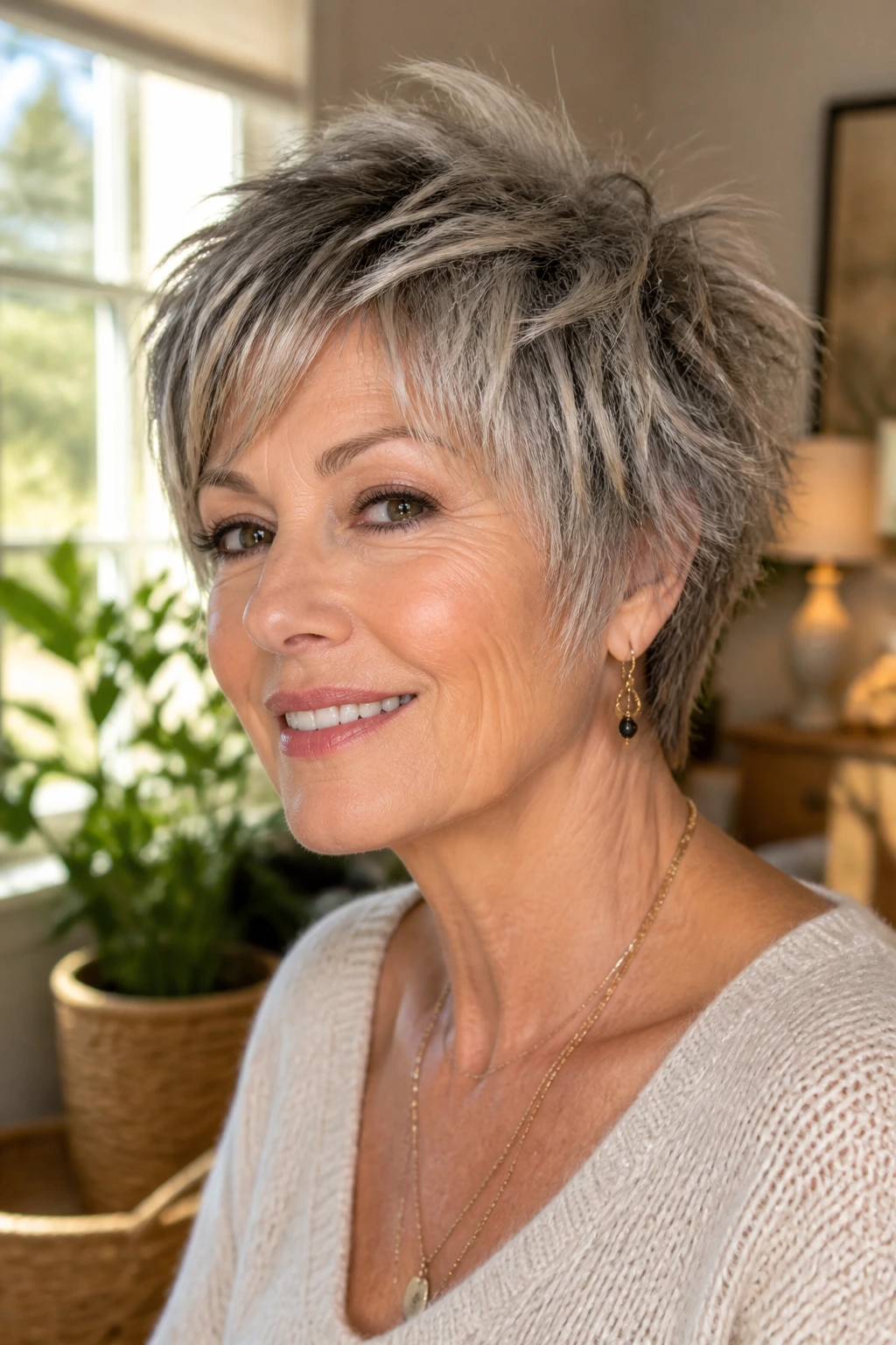 Close-up portrait of a real woman with a Piecey Shag Crop showing soft temple layers