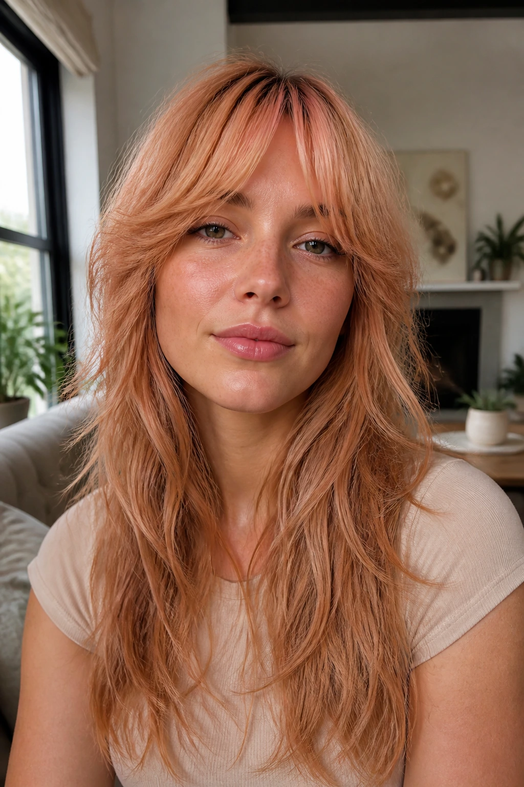 Close-up of a real woman with piecey shag and micro curtain fringe.