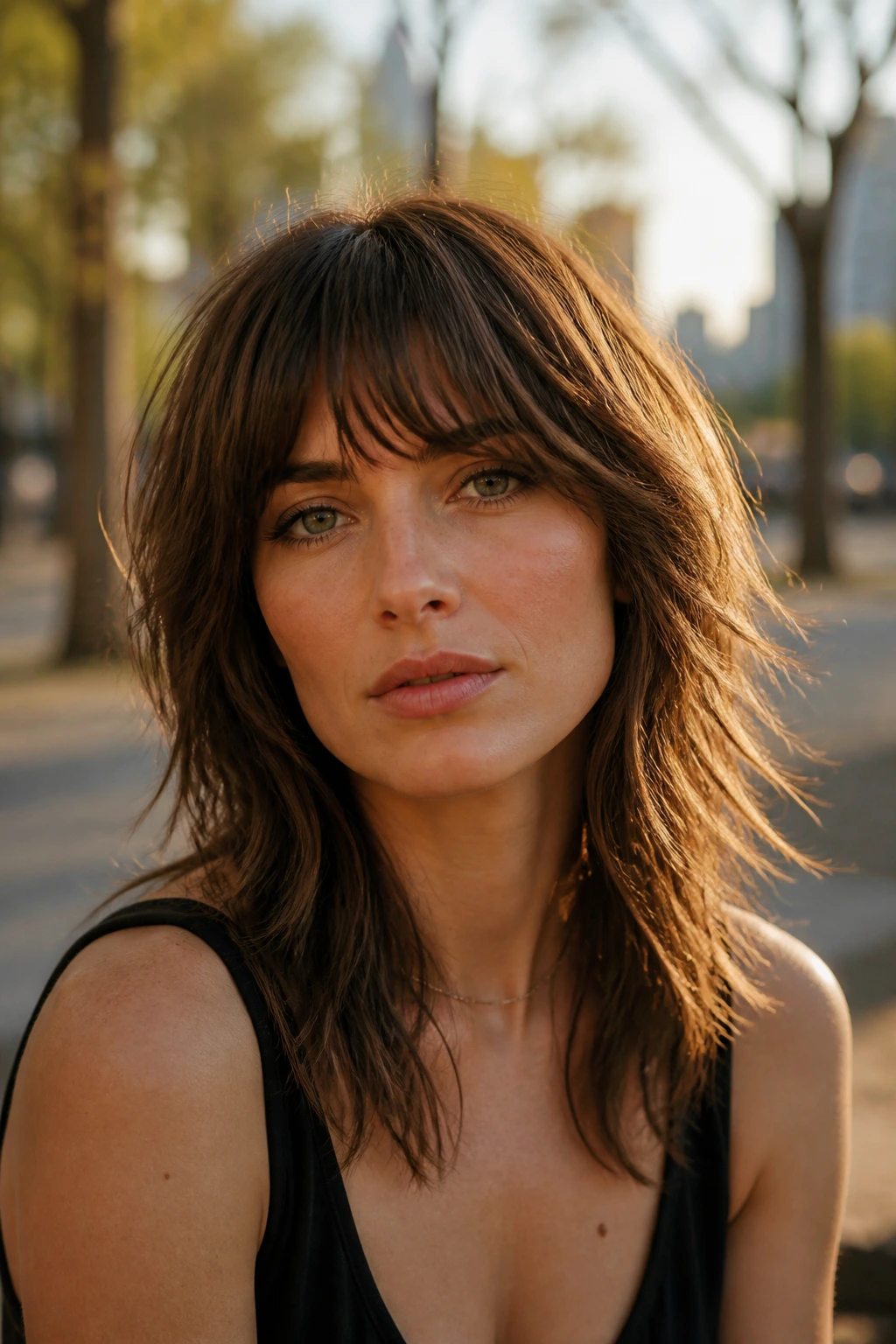 Real woman with piecey shag fringe in golden hour park light