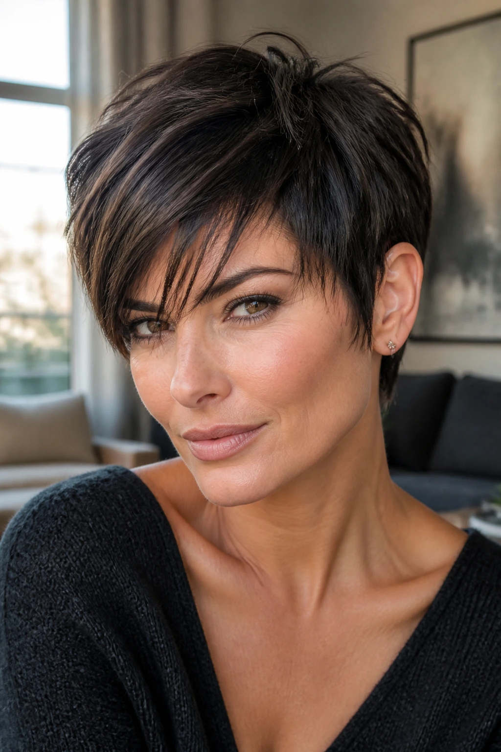 Close-up portrait of a real woman with Piecey Side-Banged Crop and textured bangs