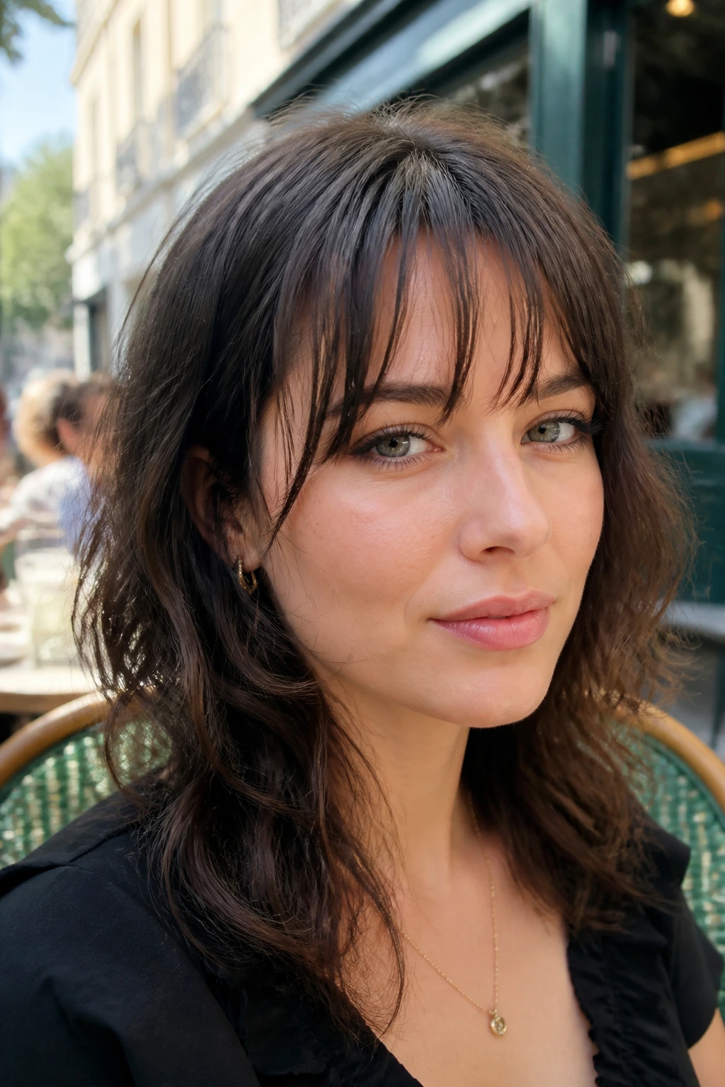 Close-up of a real woman with piecey split bangs on a sunny street