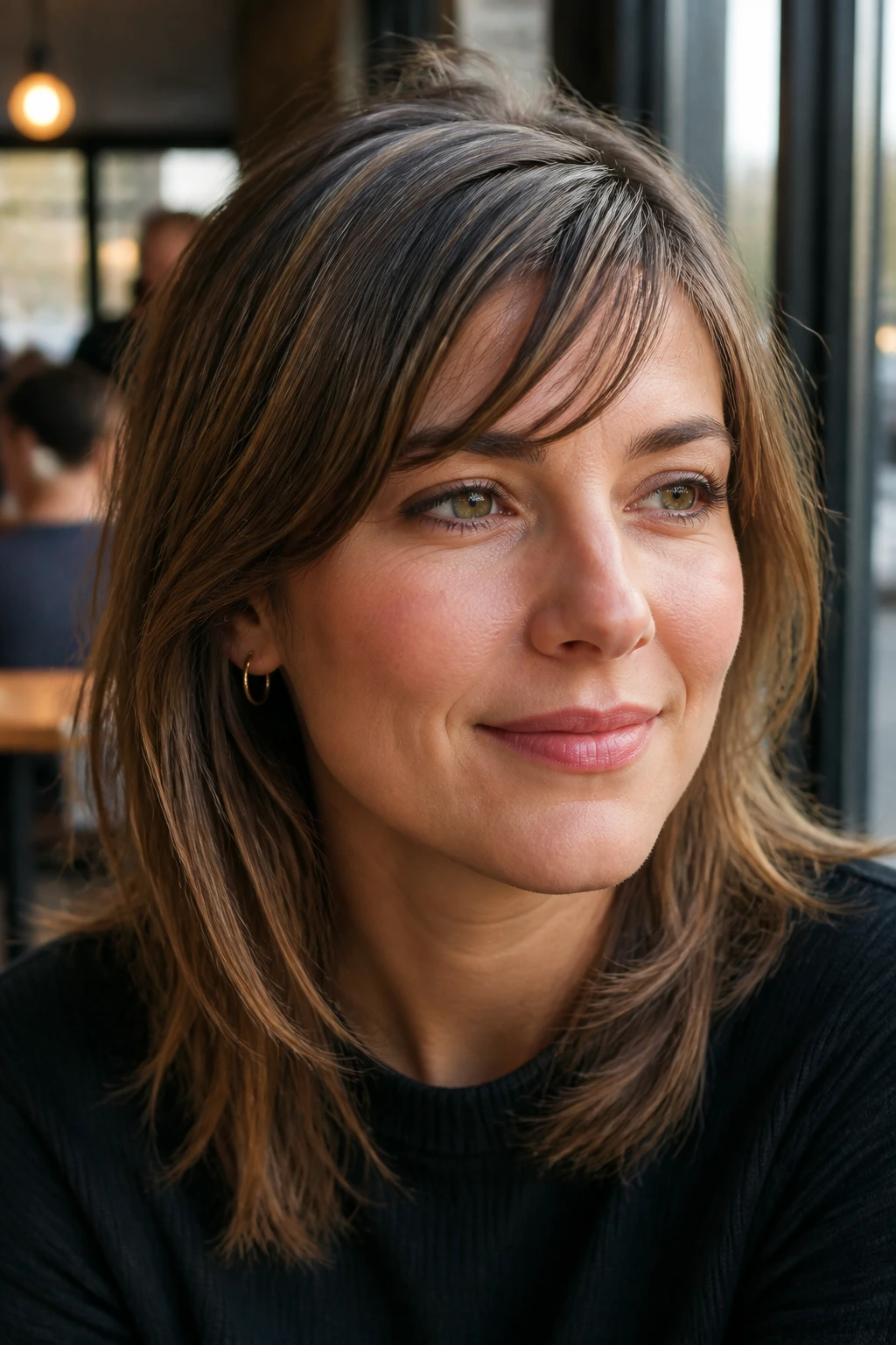 Close-up of a real woman with a piecey split sweep across the forehead.