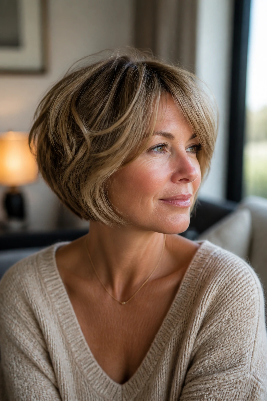 Close-up portrait of a real woman with a tousled round bob featuring piecey texture.