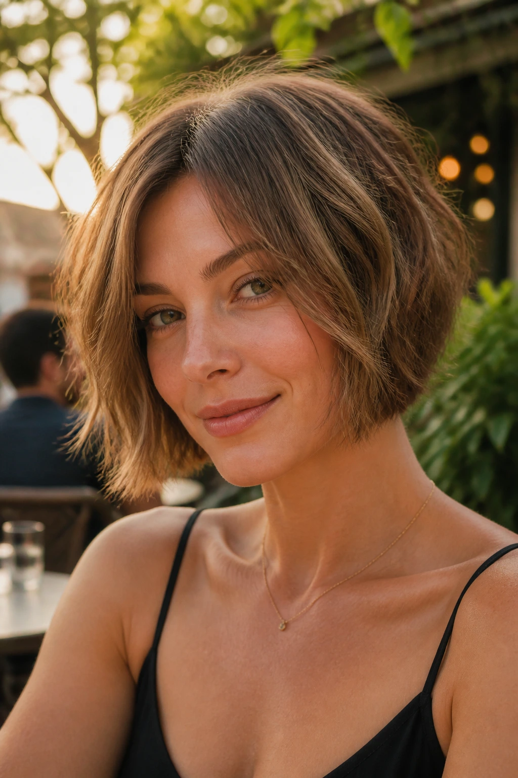 Close-up of a real woman with a piecey textured chin-length bob