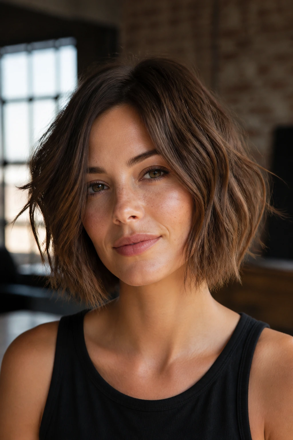 Real woman with a piecey textured bob.