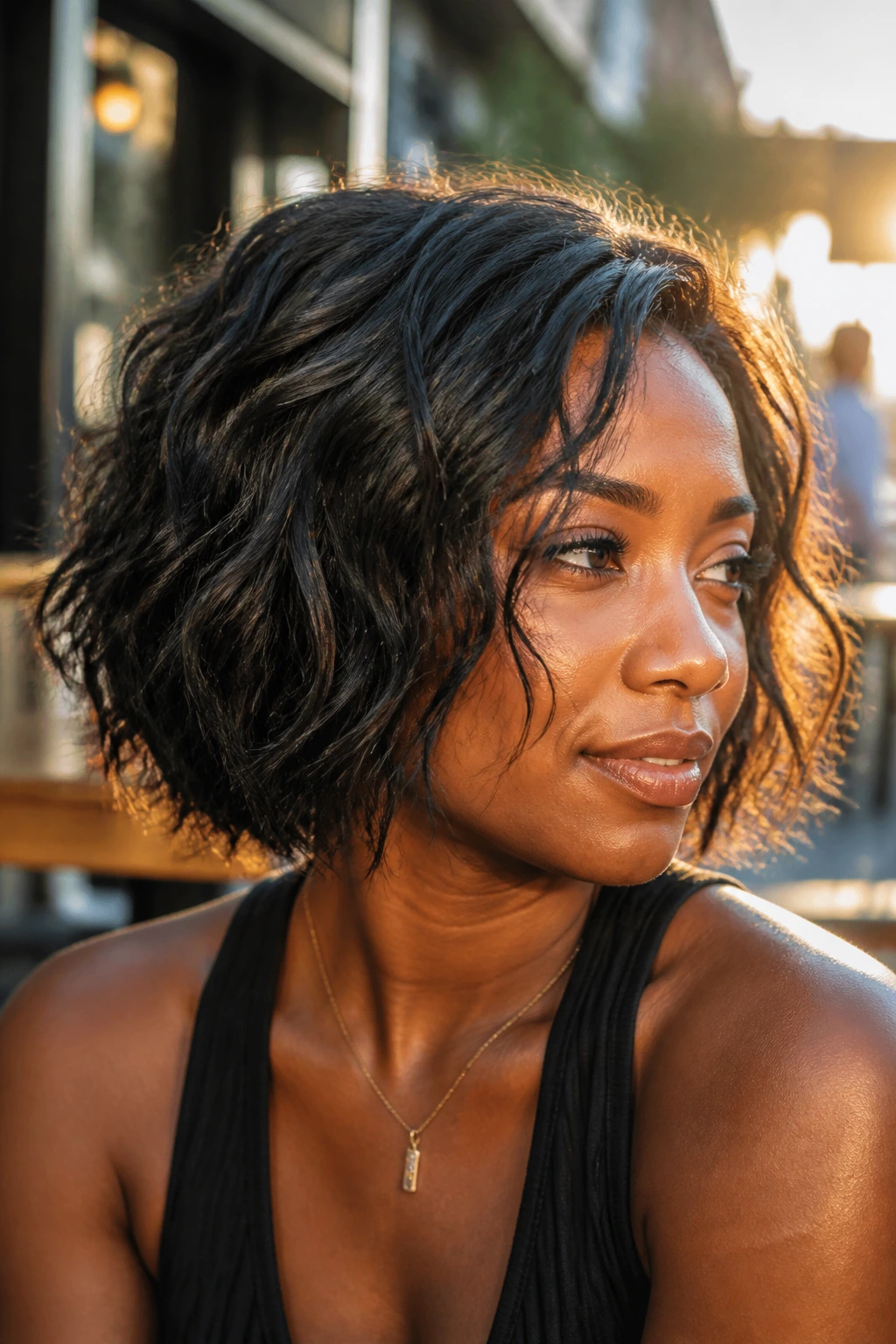Close-up of real woman with piecey textured bob in warm hour light