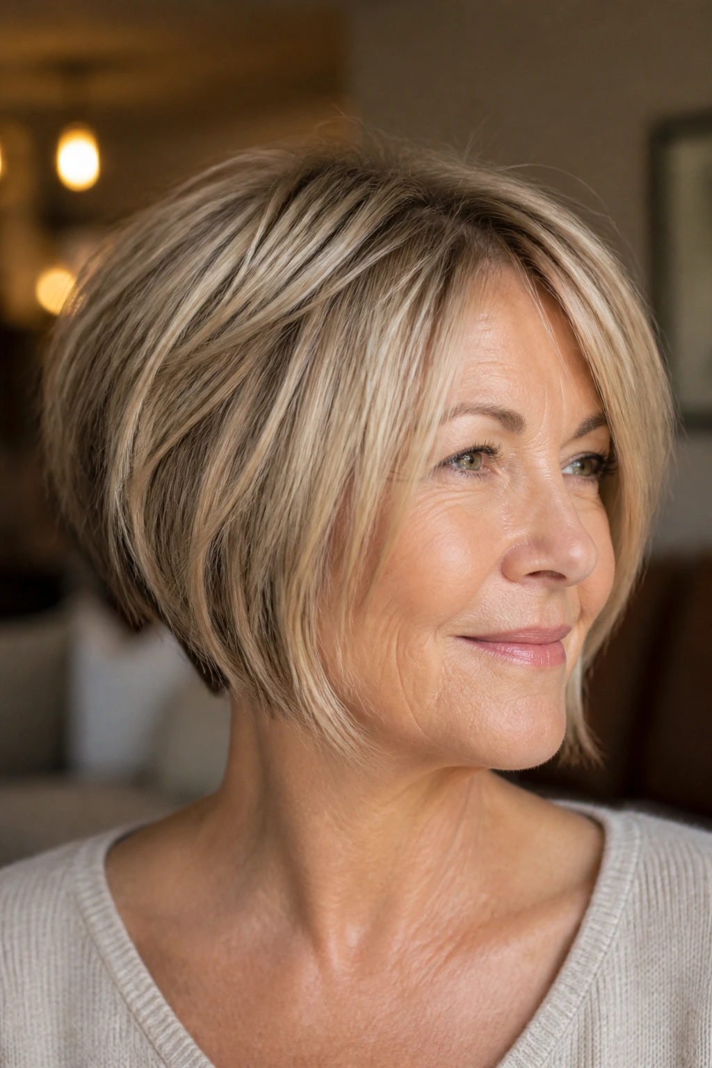 Close-up of a real woman with piecey textured inverted bob