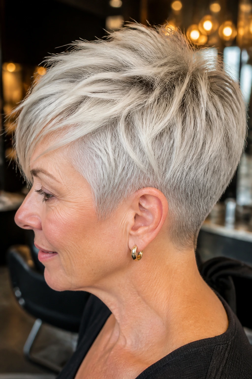 Close-up of a real woman with a subtle undercut pixie showing the nape and textured top