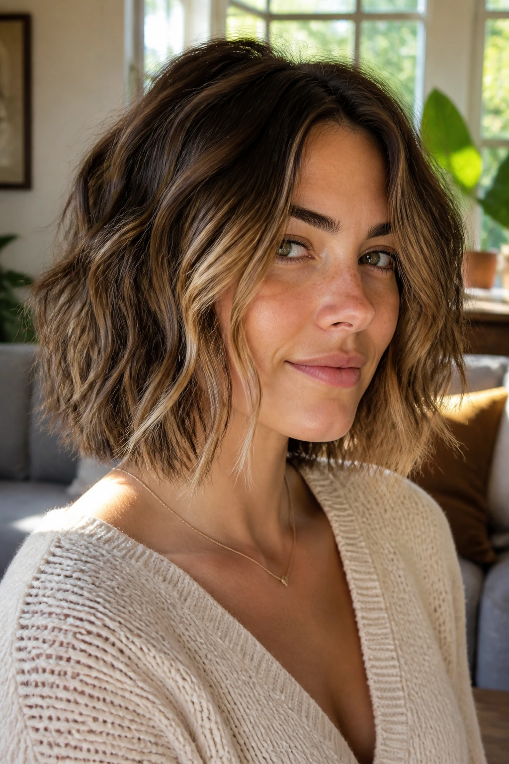 Close-up of a real woman with piecey wave lob and separated end texture.