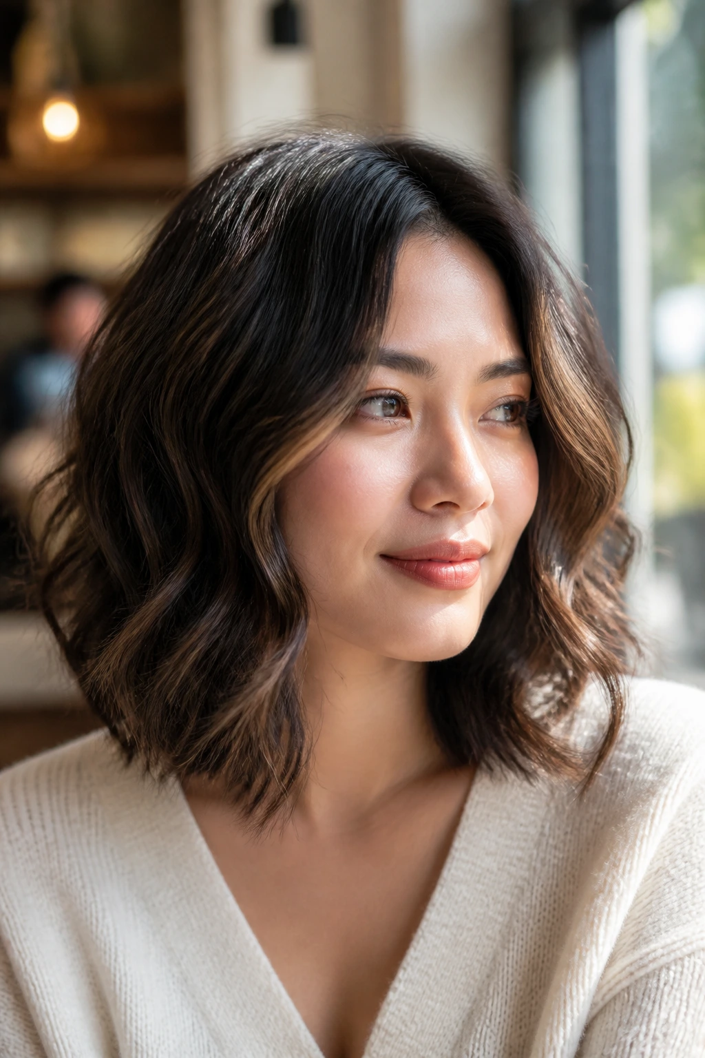 Close-up of a real person with piecey wave lob and separated waves