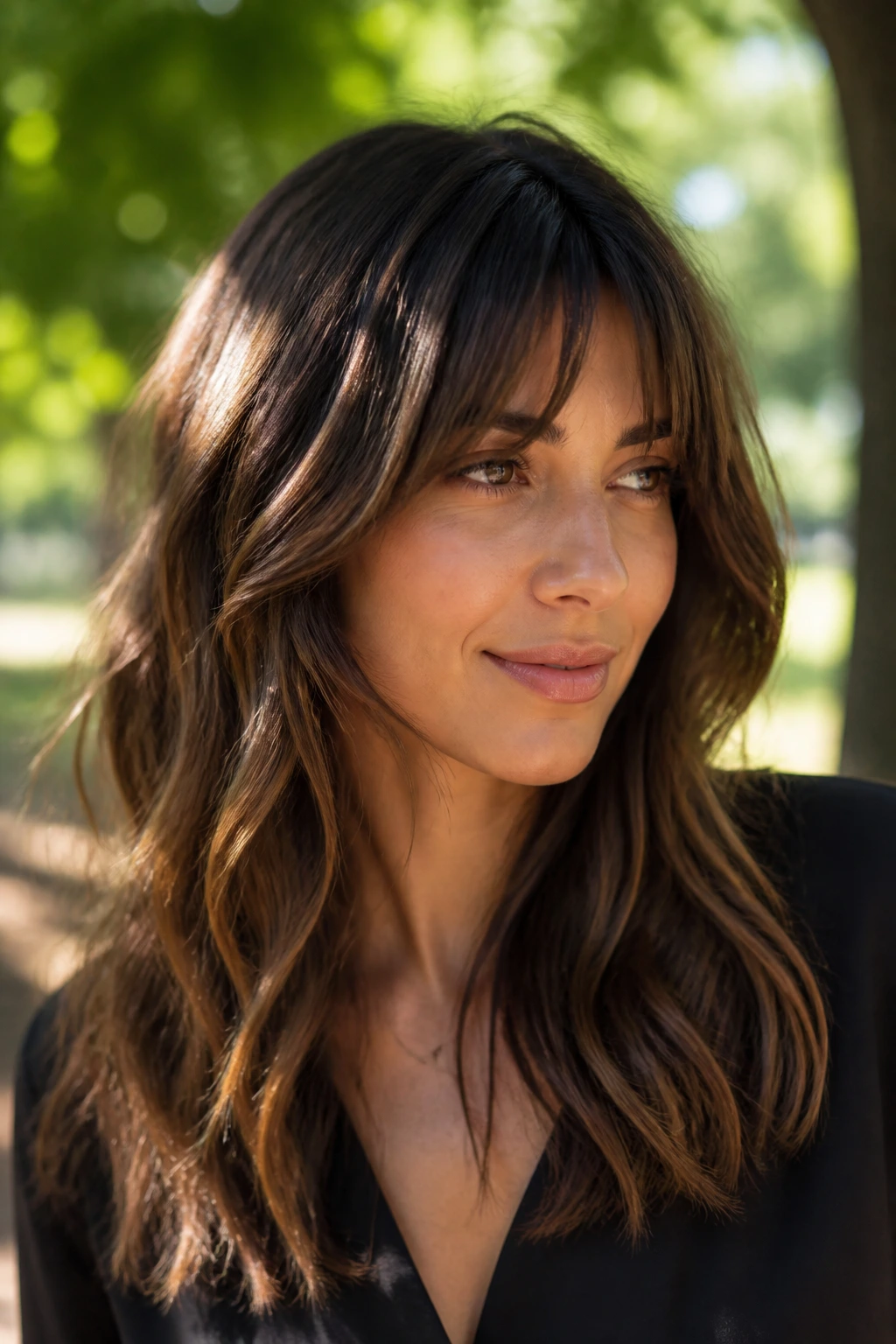 Close-up of a real person with piecey waves and brow-opening bangs in sunny park light