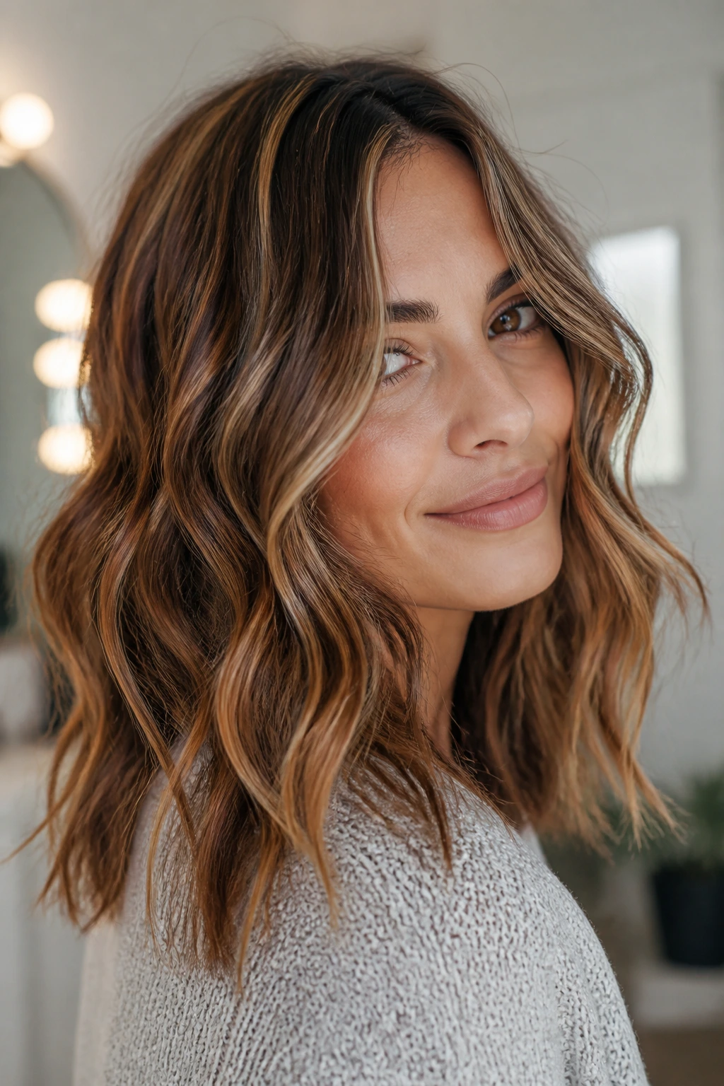 Close-up of a real woman with soft piecey waves and micro caramel highlight ribbons.