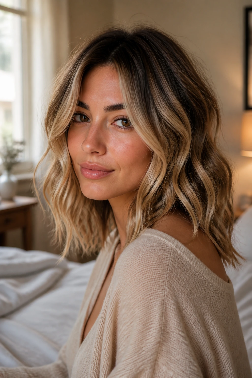 Close-up portrait of a woman with piecey waves and a dark root shadow framing the face
