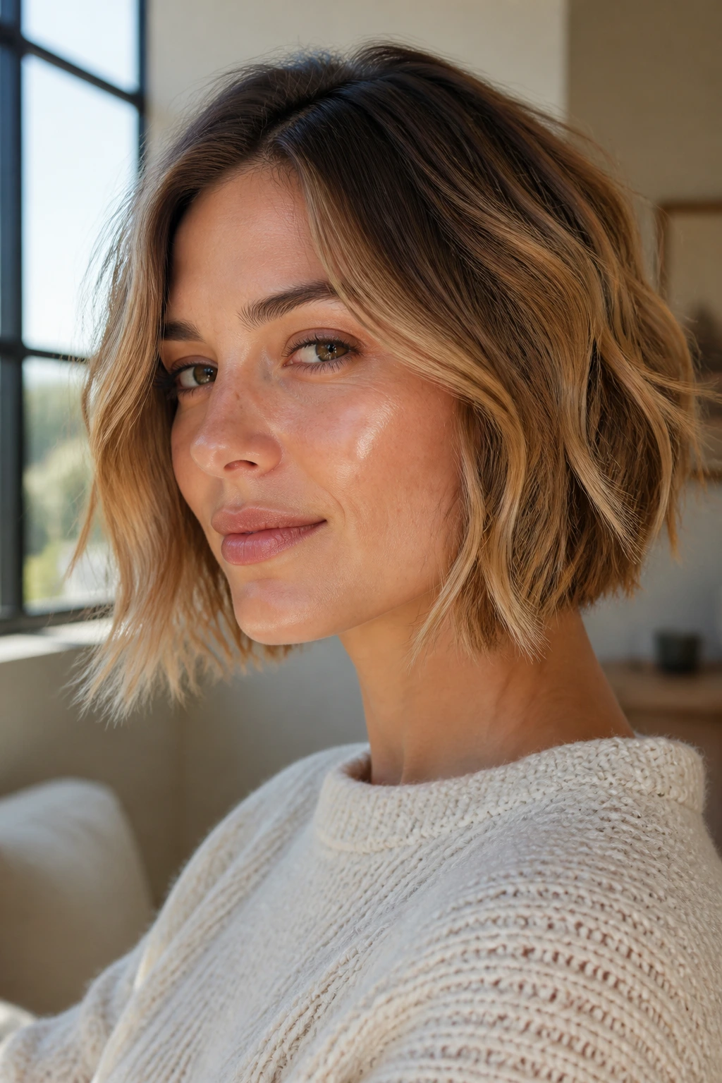 Portrait of a woman with piecey wavy bob and light ends