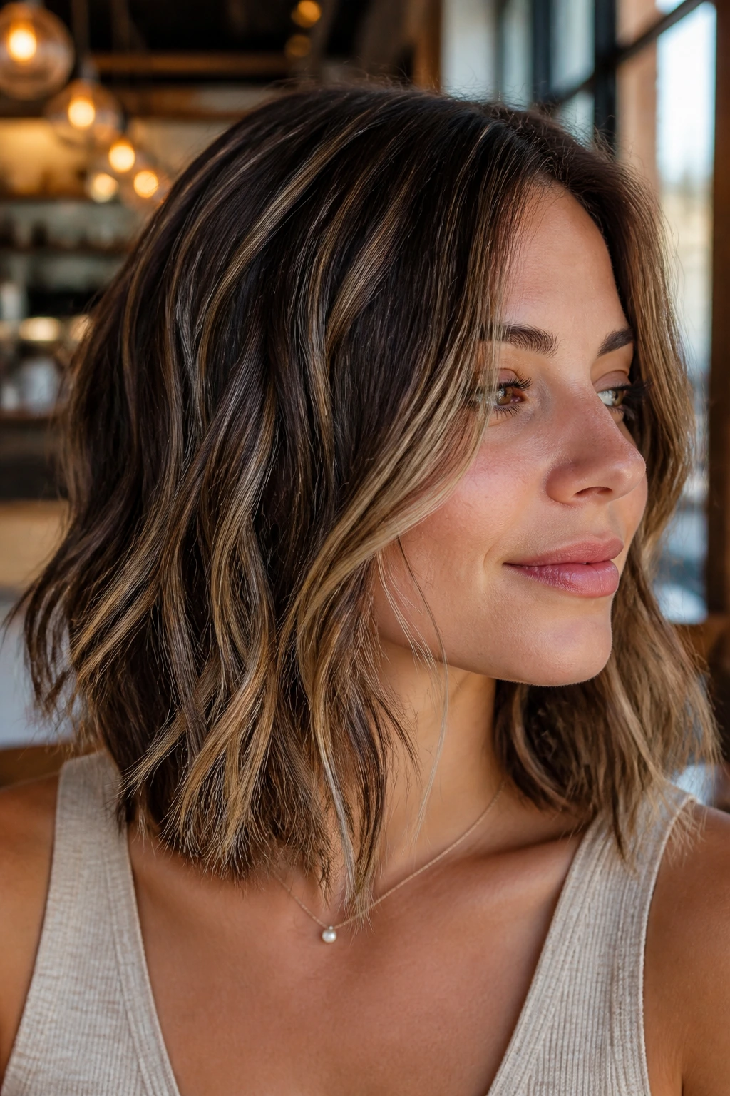 Close-up of a real woman with a piecey wavy lob and micro-highlights