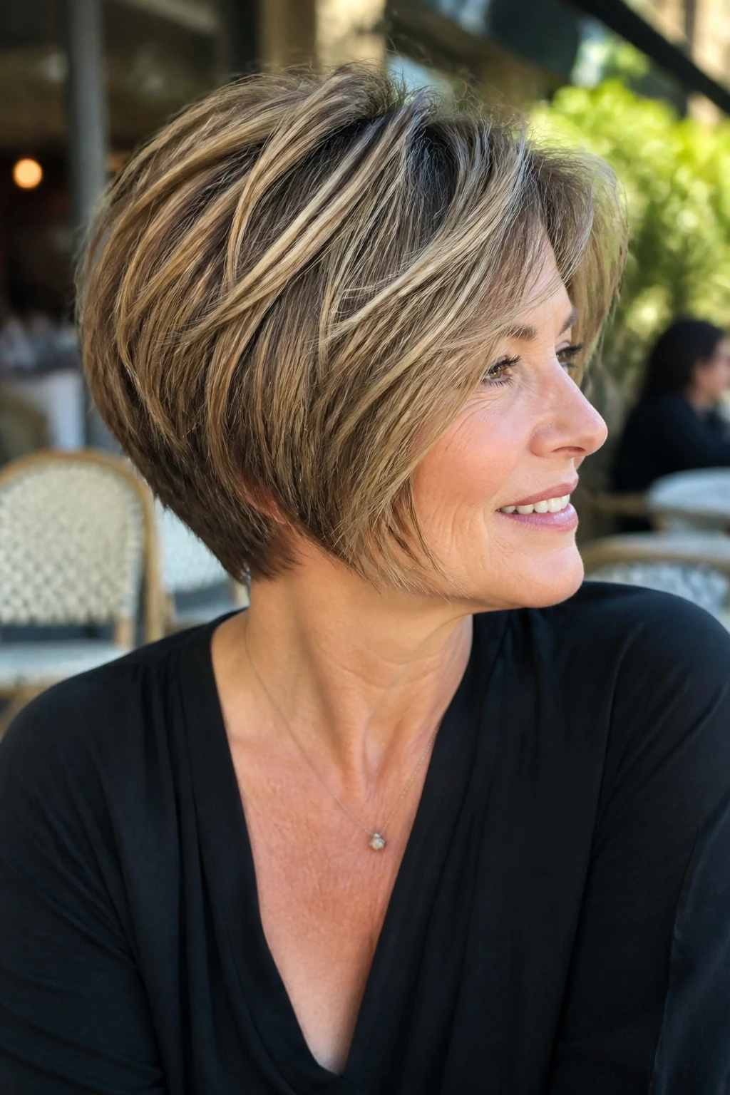 Real woman with thick hair wedge showing piecey separation for movement.