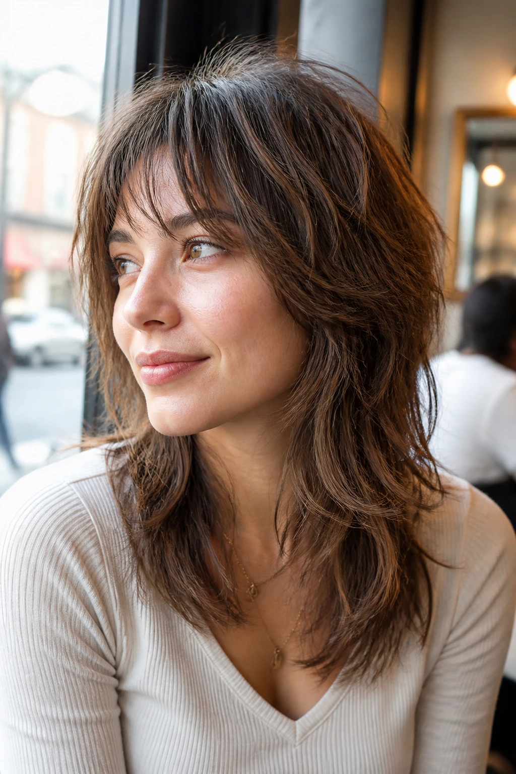 Close-up portrait of a real woman with piecey wolf cut micro-layers