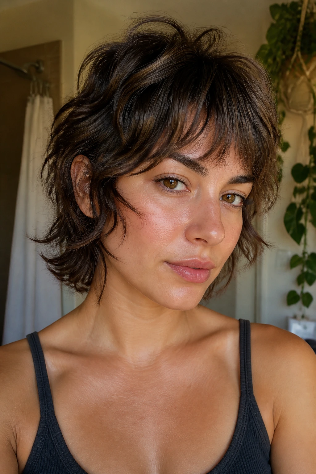Portrait of a woman with piecey layered wolfcut showing texture
