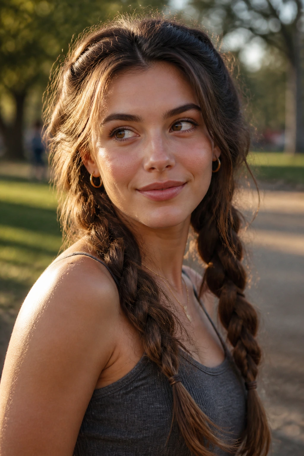 Close-up of a real woman with two loose pigtail braids and wavy hair