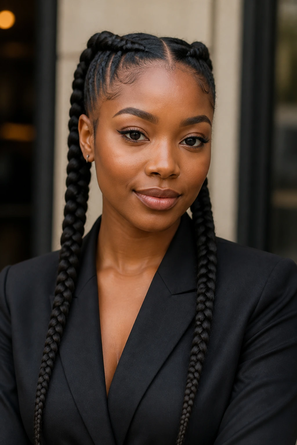 Head-and-shoulders portrait of a woman with neat pigtail braids and blazer