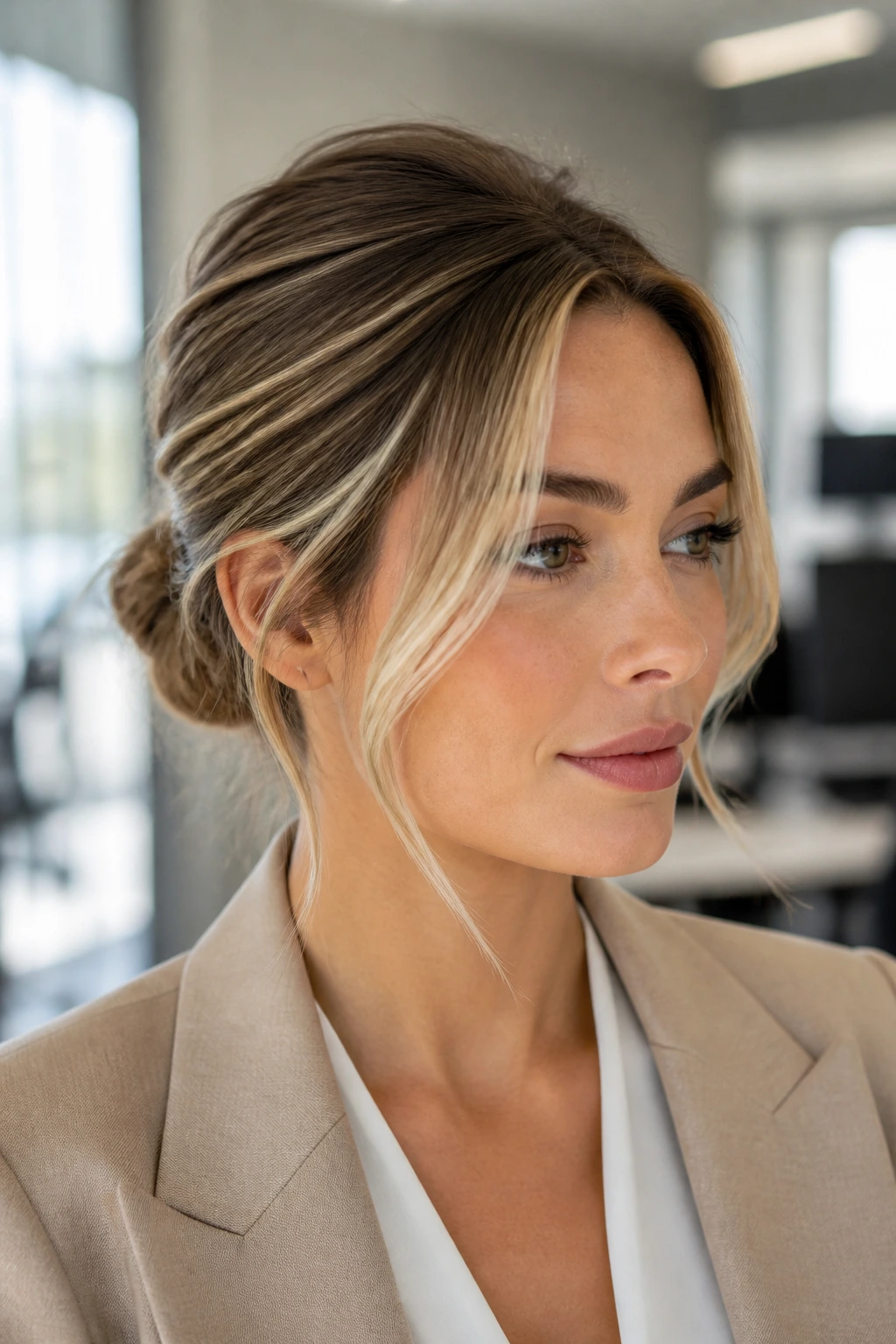 Close-up of a real person with a pin-and-pinch bun in a bright office setting.
