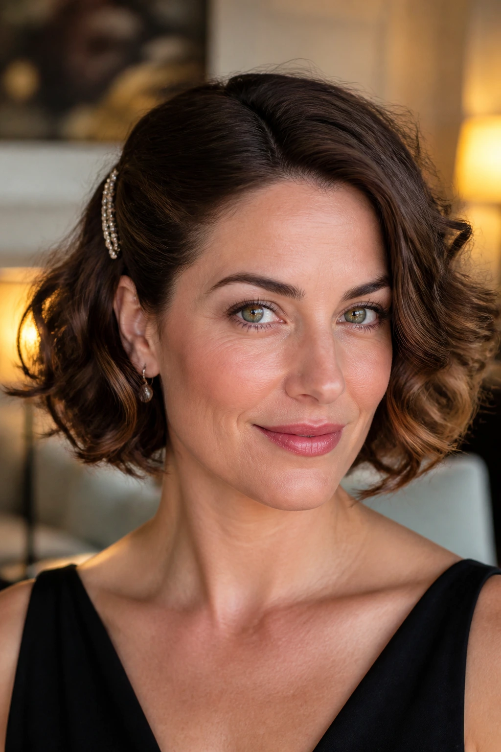Close-up of a real woman with a pin-back glam bob on one side