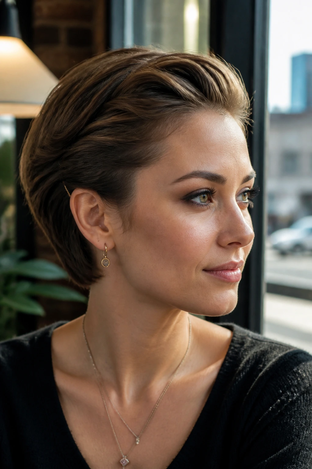 Close-up of a real person with a pin-back halo sweep hairstyle in daylight.