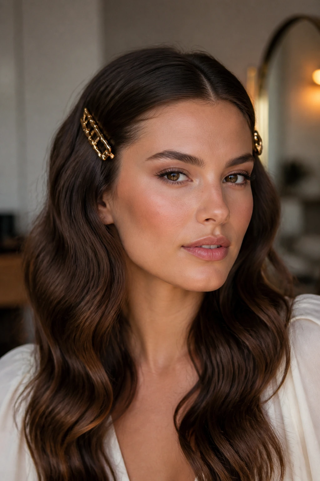 Close-up of a real woman with pin-back waves and side clips framing the jawline