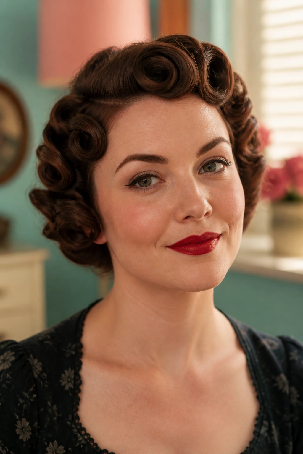 Close-up portrait of a real person with vintage pin curls in a bob.