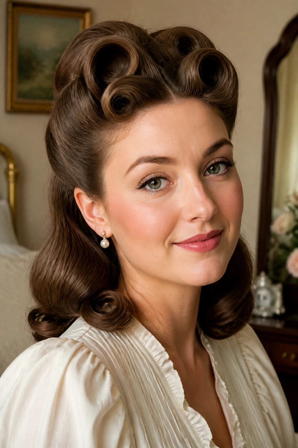 Portrait of a woman with vintage pin curls in a half-up style