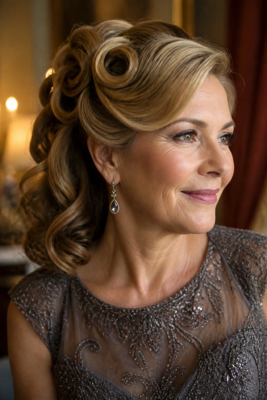 Close-up of a real woman with pin-curl inspired half-up hairstyle