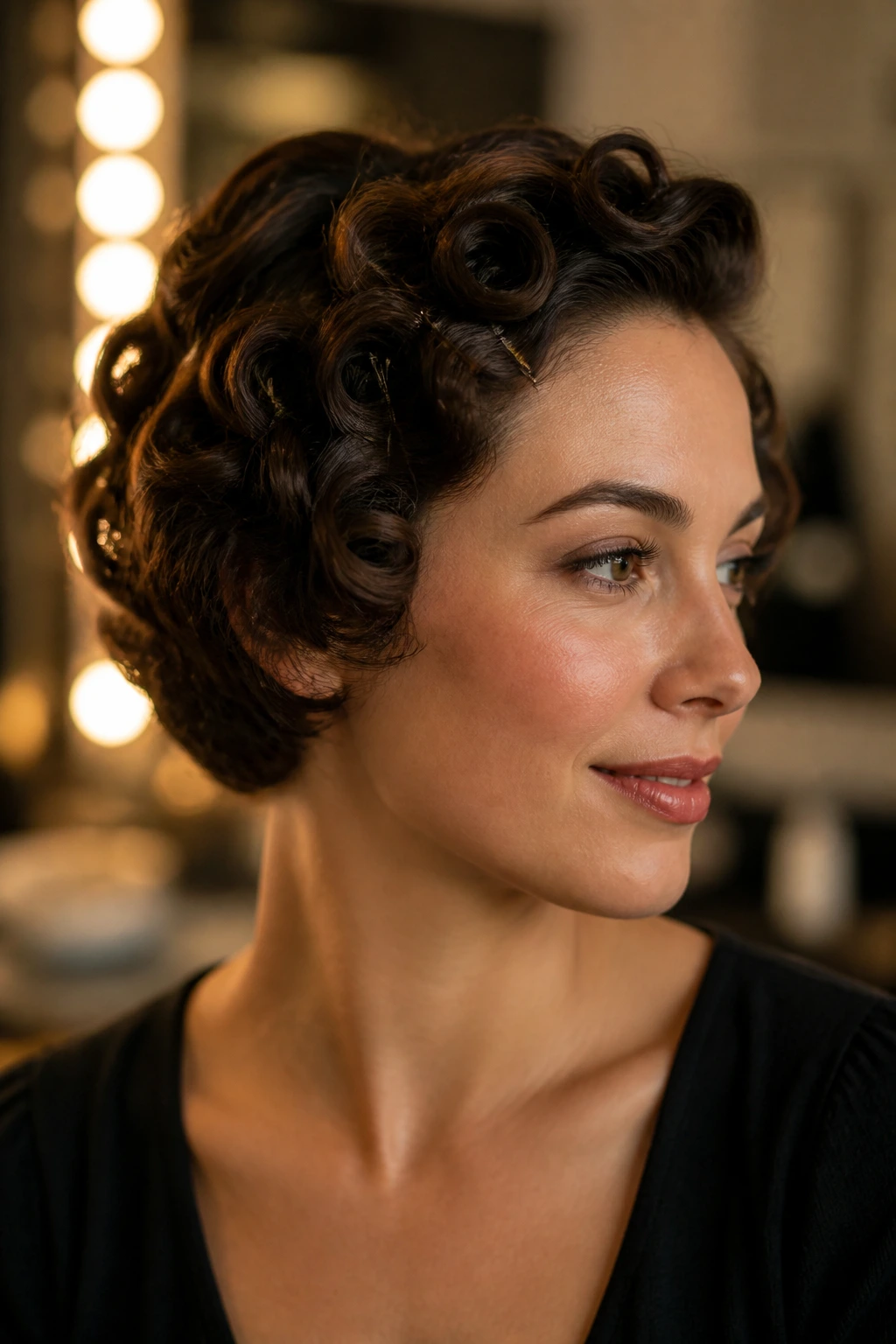 Close-up portrait of a real woman with a vintage pin-curled bob and visible pins.
