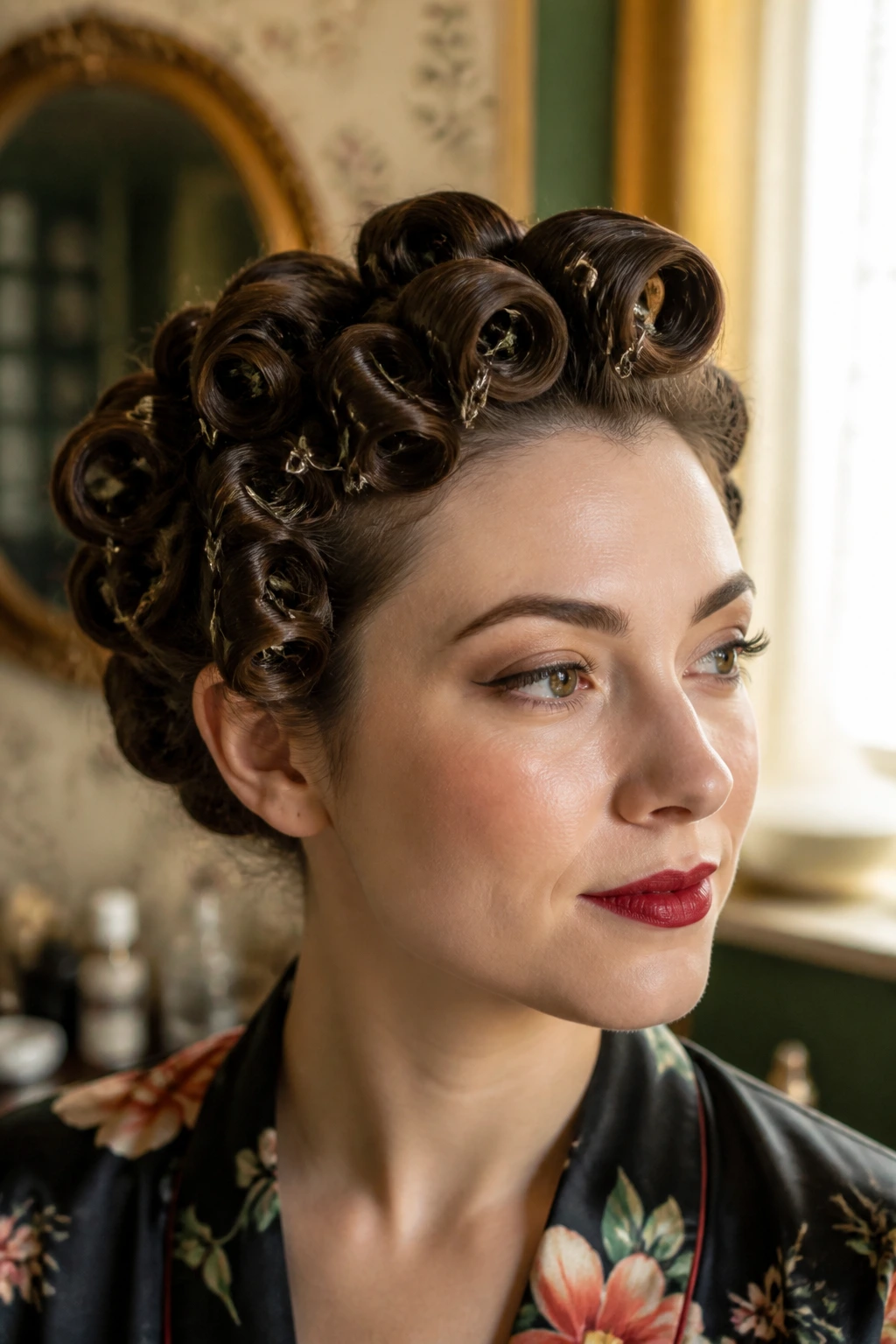 Close-up of a real person with pin curls and vintage lift