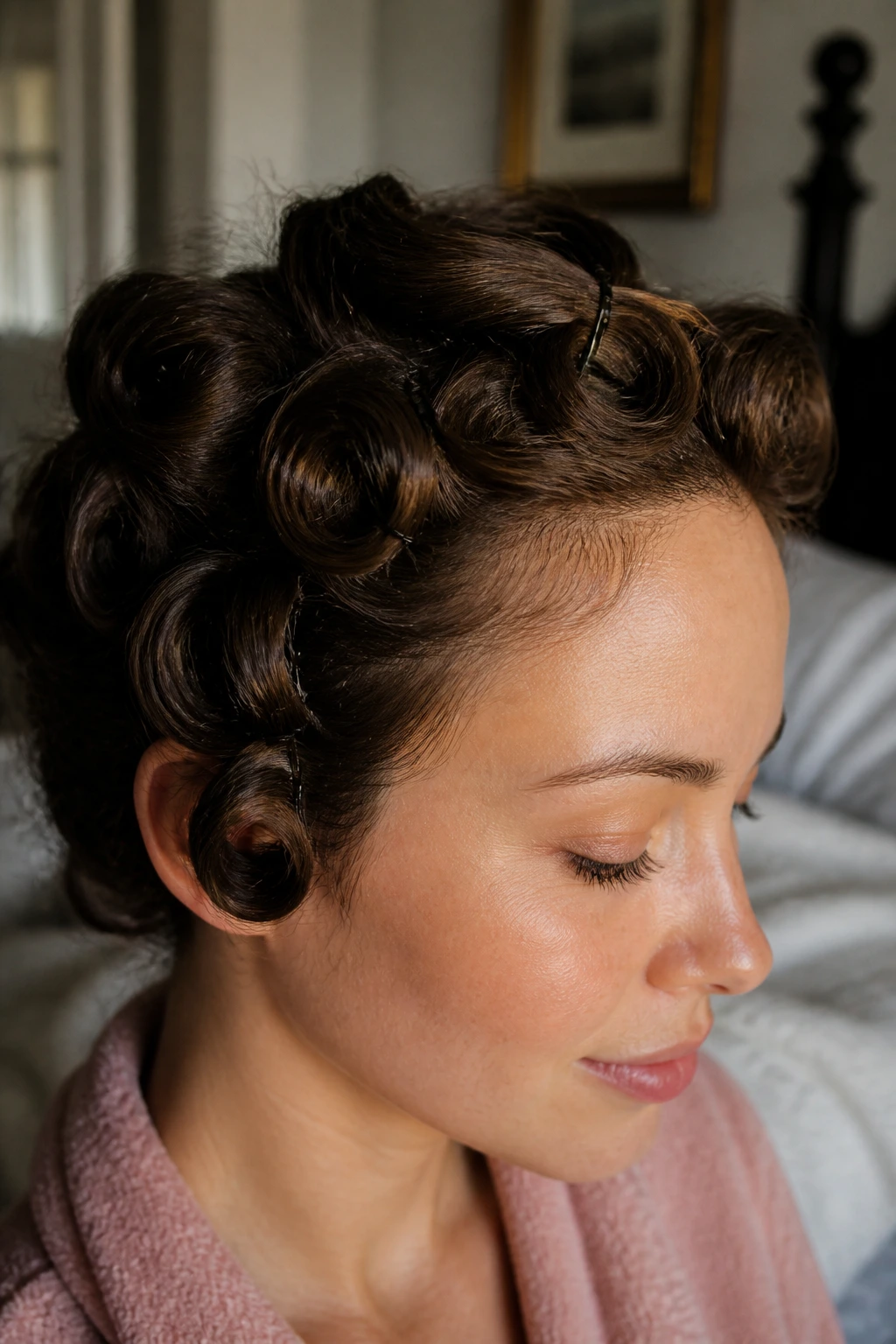 Close-up of a real woman with pin curl waves in soft natural light.