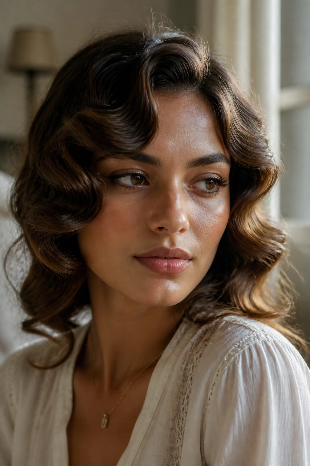 Close-up portrait of a real person with pin-curl set waves
