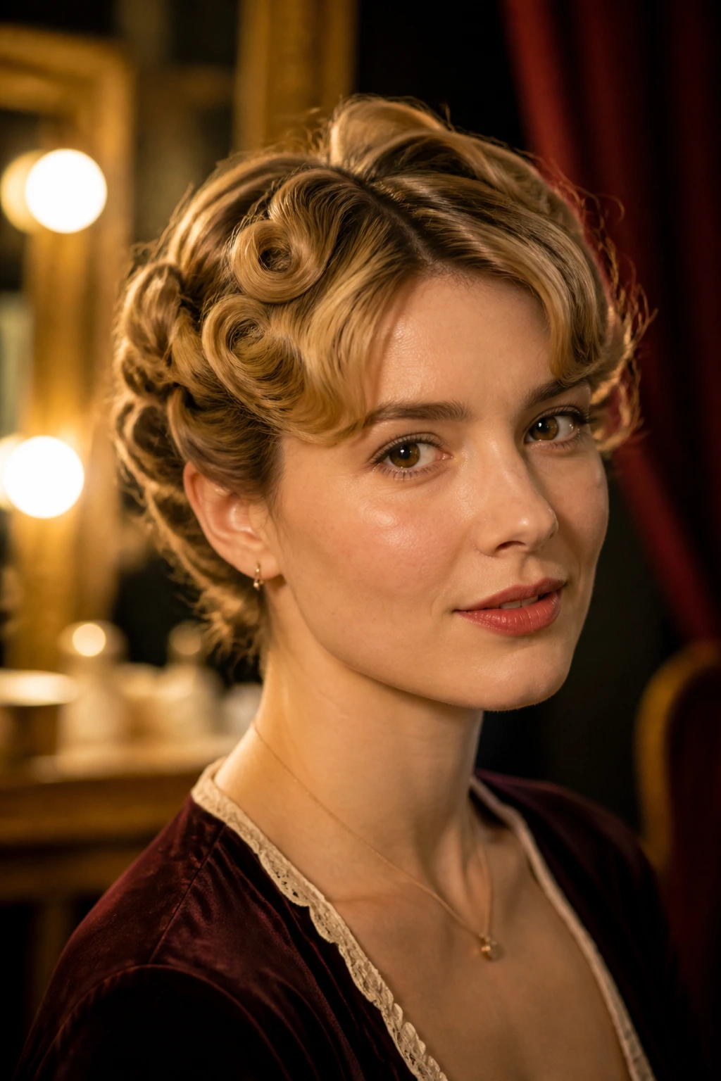 Close-up portrait of a real woman with pin-curled waves and vintage edge