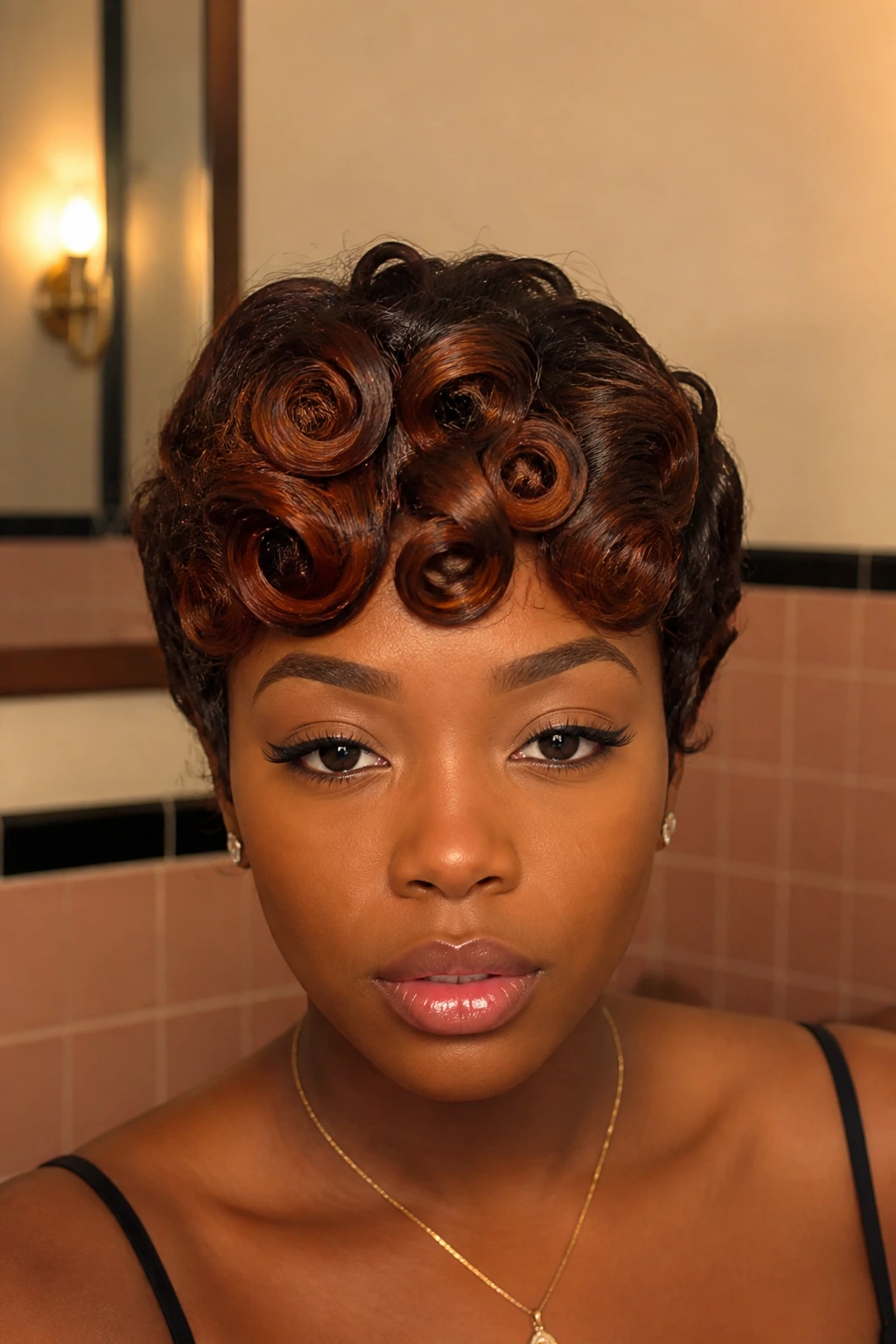 Pin-Curled Bang close-up on real person with auburn lowlights