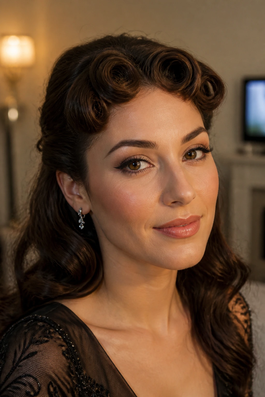 Real woman with pin-curled bangs for an event finish.