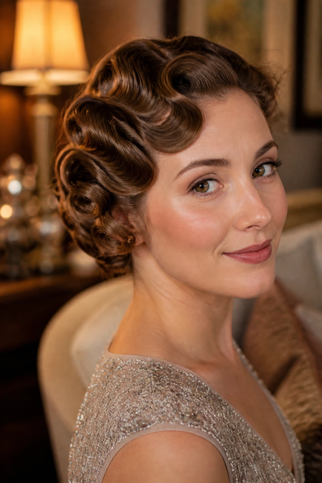 Portrait of real person with pin curled evening bob under warm ambient lighting.
