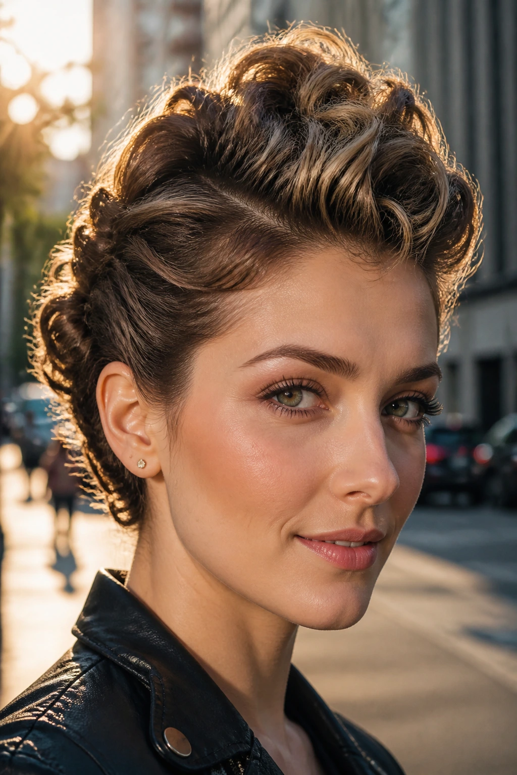 Close-up of a real woman with a pin-curled faux hawk hairstyle