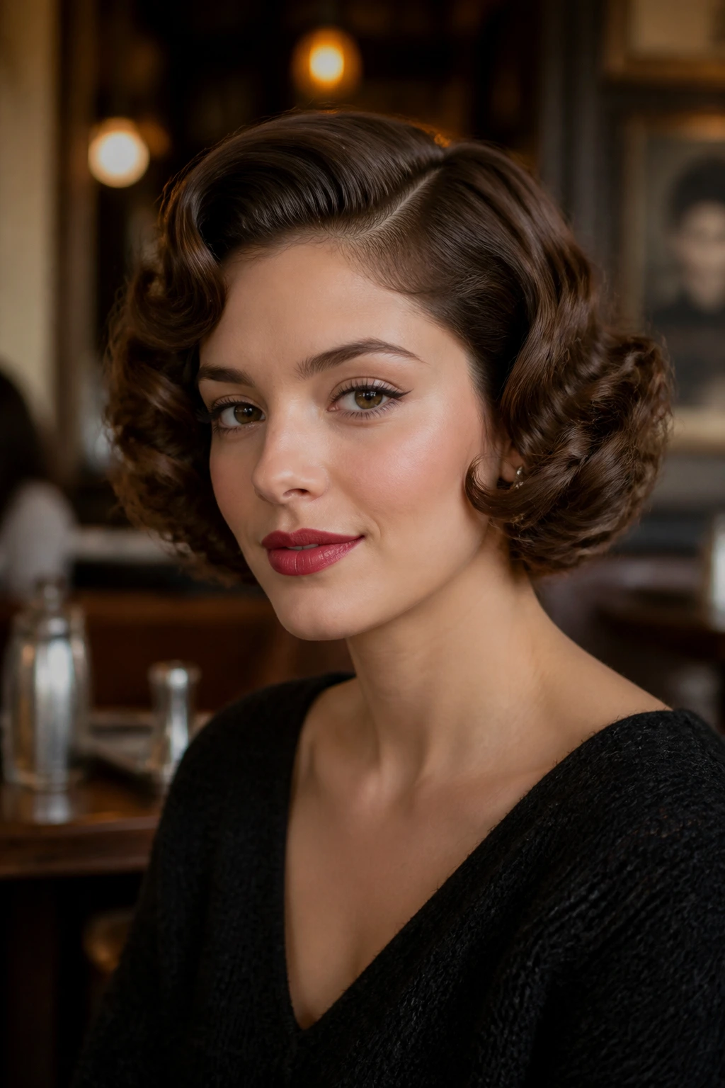 Close-up portrait of a real person with a pin-curled retro bob