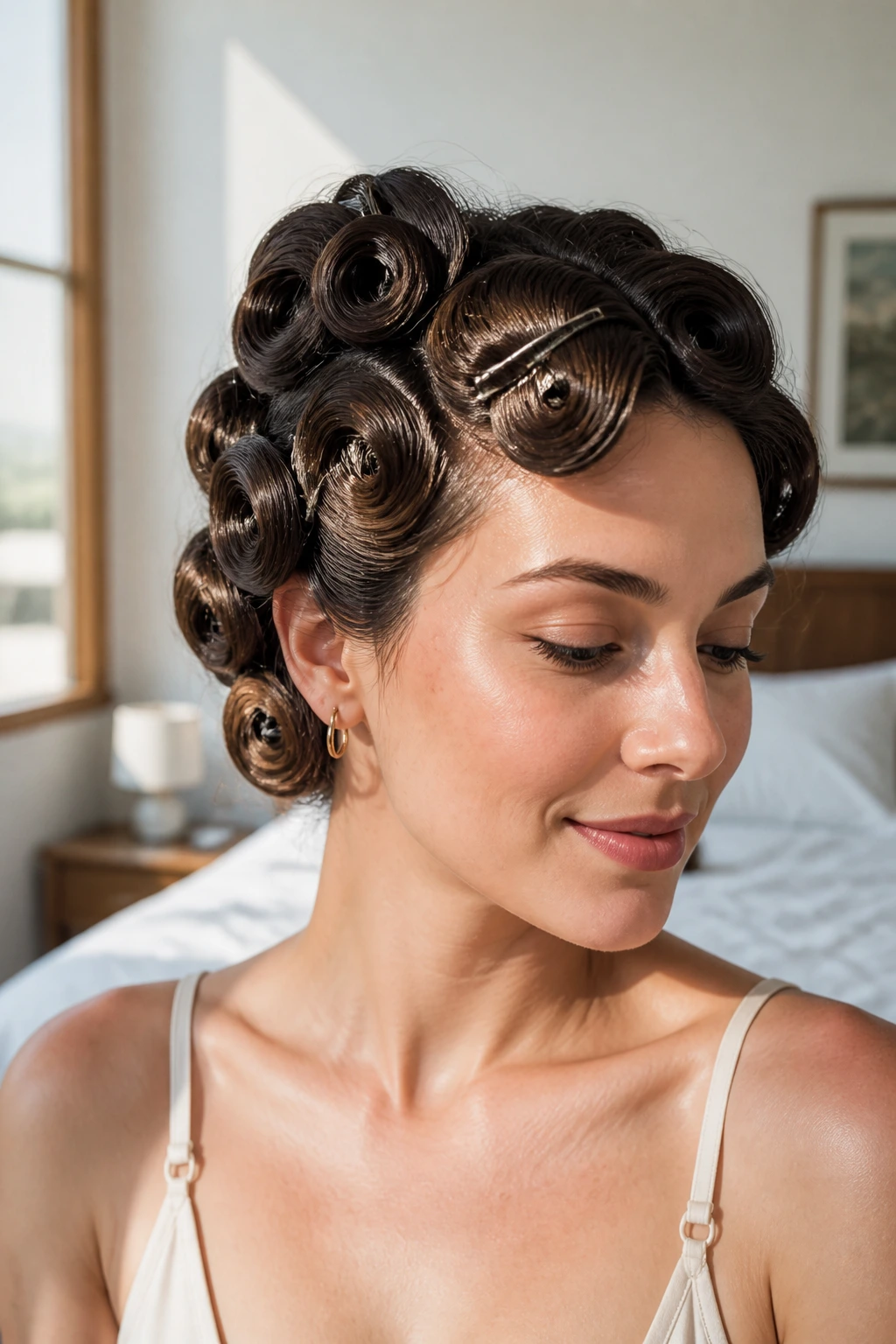 Real woman with pin-curled shoulder-length hairstyle