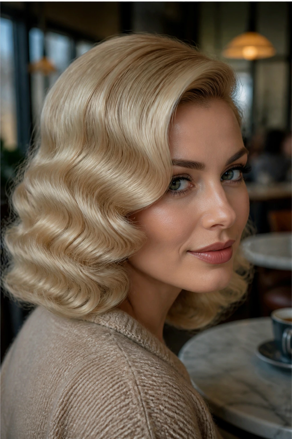 Close-up portrait of a real woman with champagne blonde retro pin-curled waves